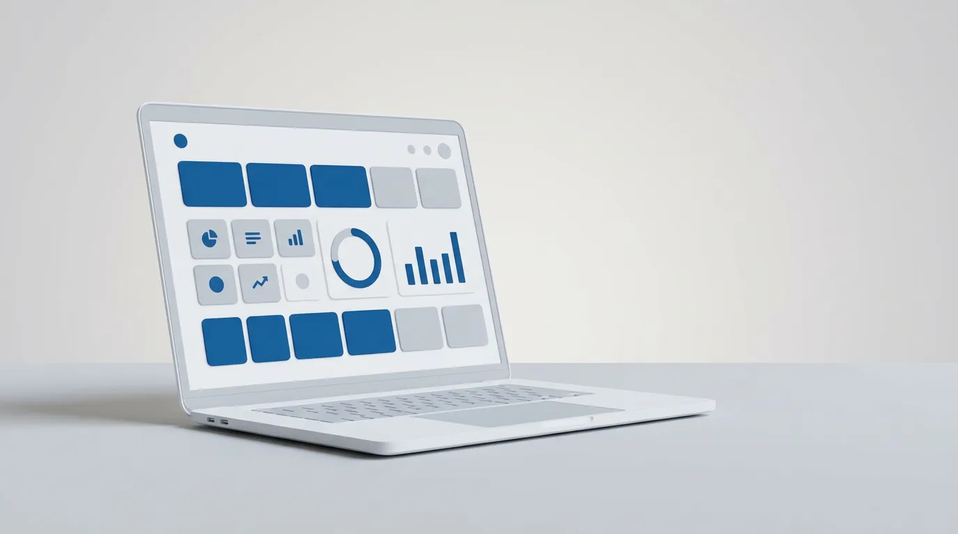 Abstract device management dashboard on a laptop showing patch status tiles in blue
