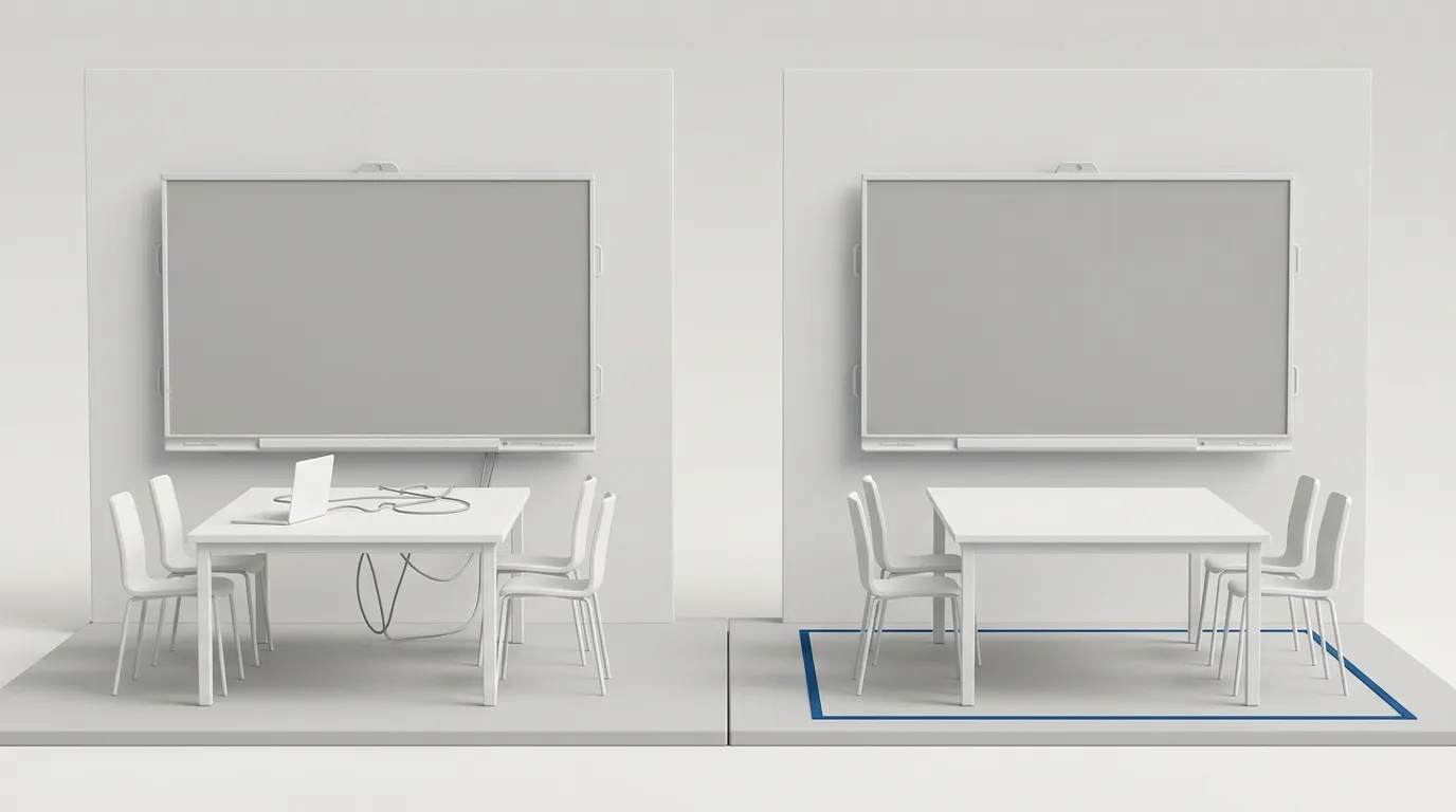 Meeting room before and after: laptop and cables on the table, then a clear table
