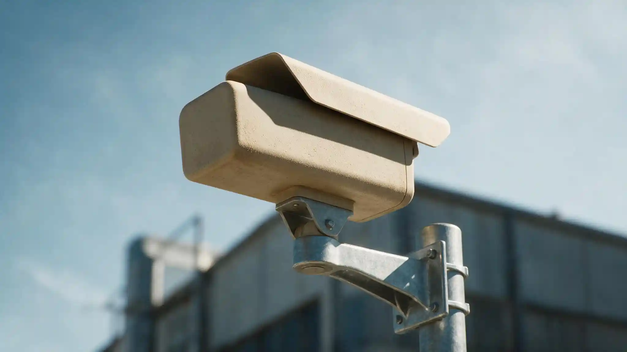 Weather-rated outdoor camera enclosure with sun shield mounted on a pole against a bright Gulf sky