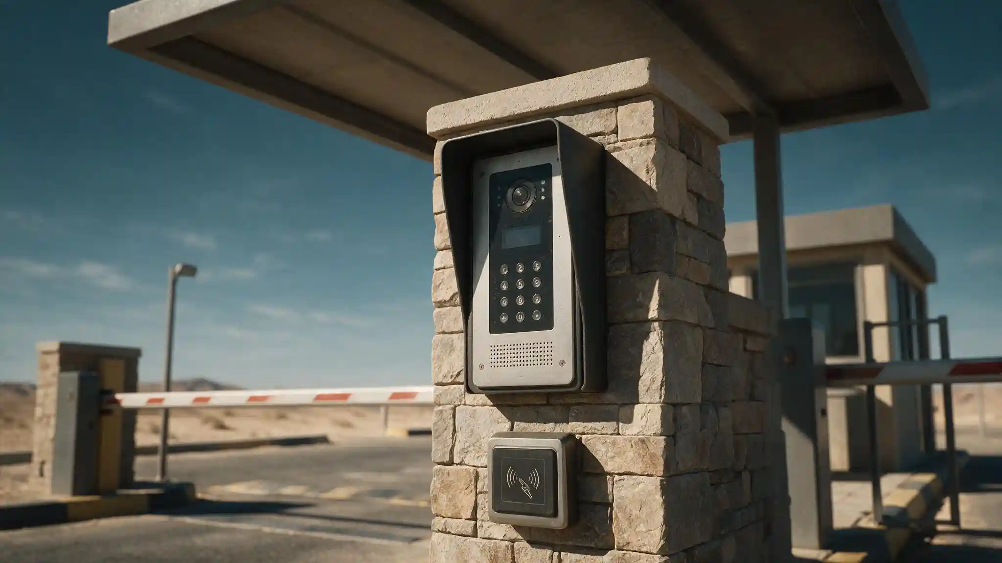 Weather-rated IP door station mounted at a compound vehicle gate with card reader and recessed sun canopy