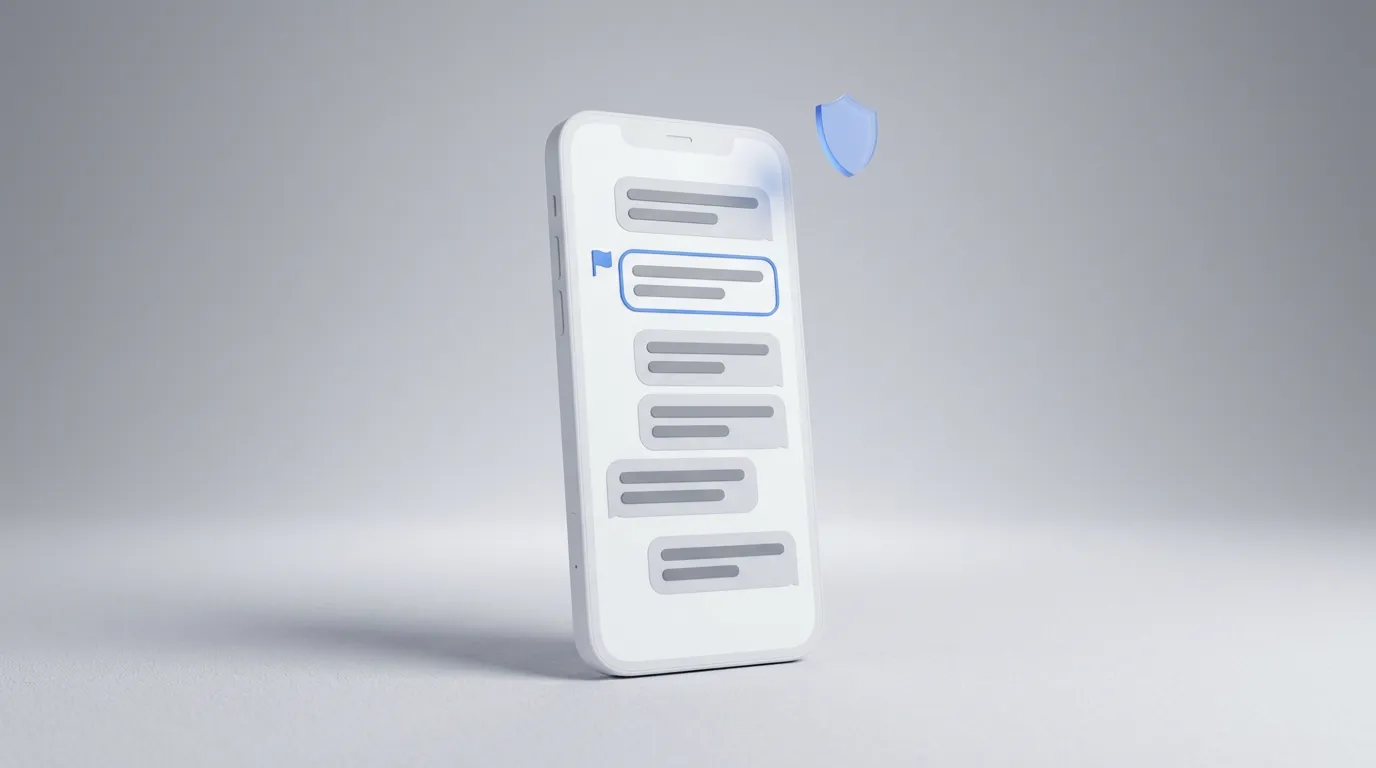 Minimal 3D illustration of a smartphone with a flagged suspicious message and a blue shield