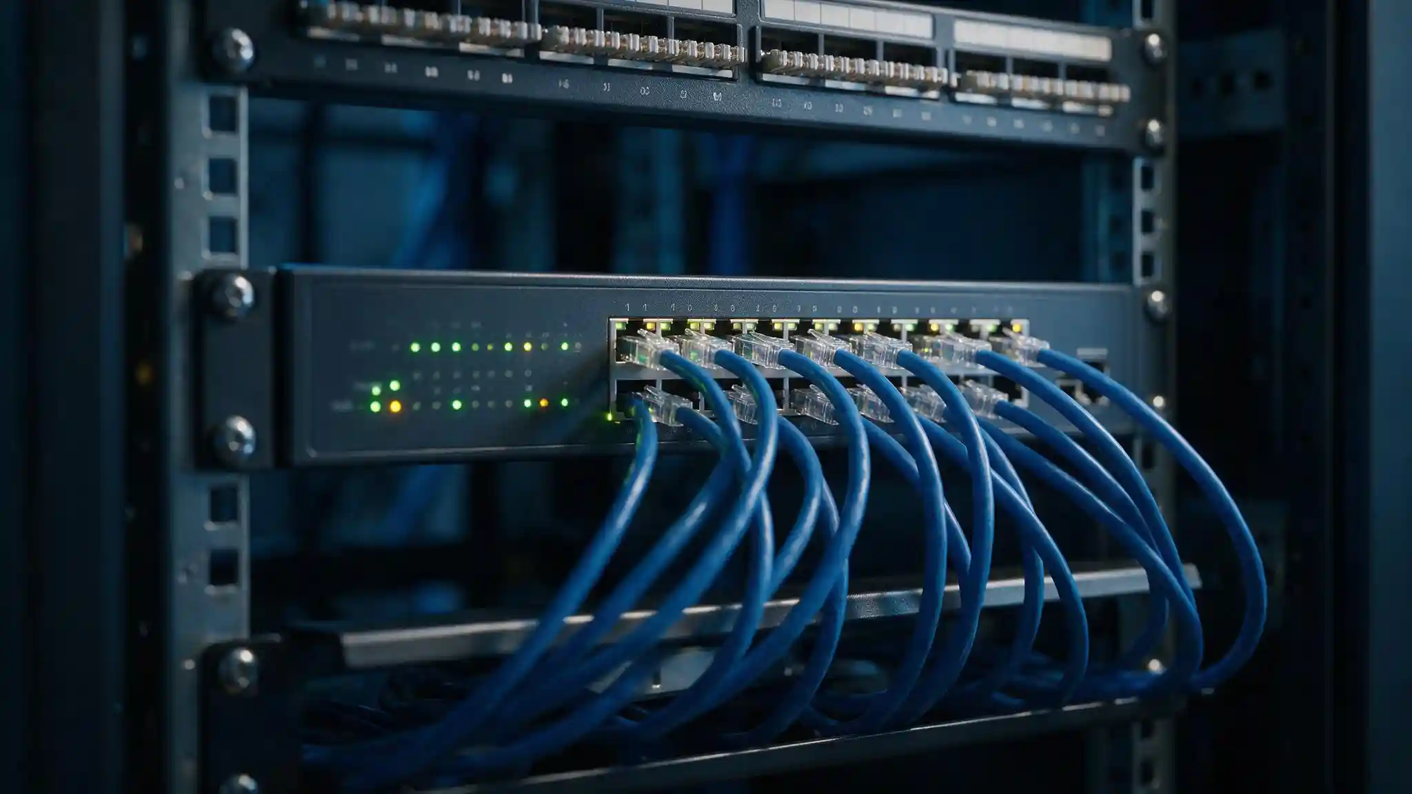 Rack-mounted PoE switch with active port indicators supplying power to network cameras in a network cabinet