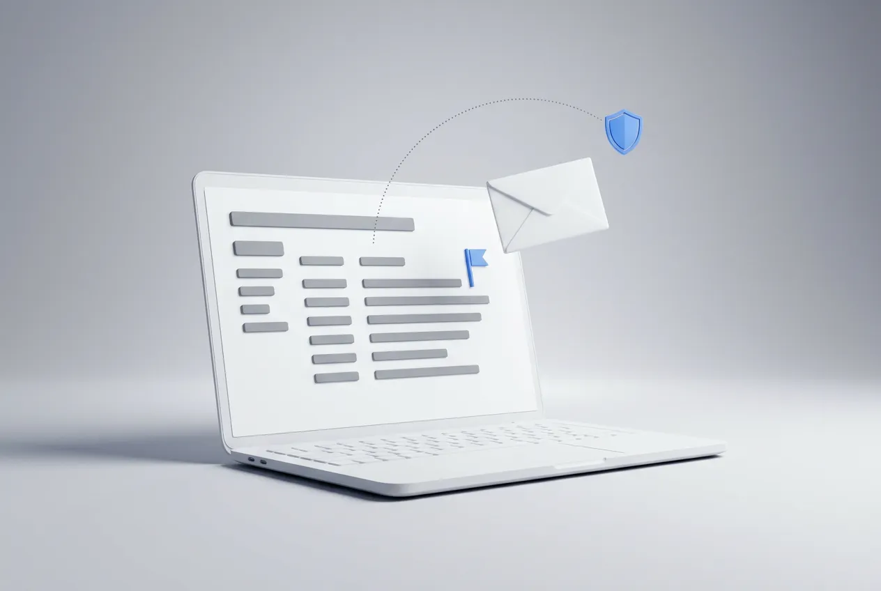 Minimal 3D illustration of a laptop with a flagged email being reported to the security team
