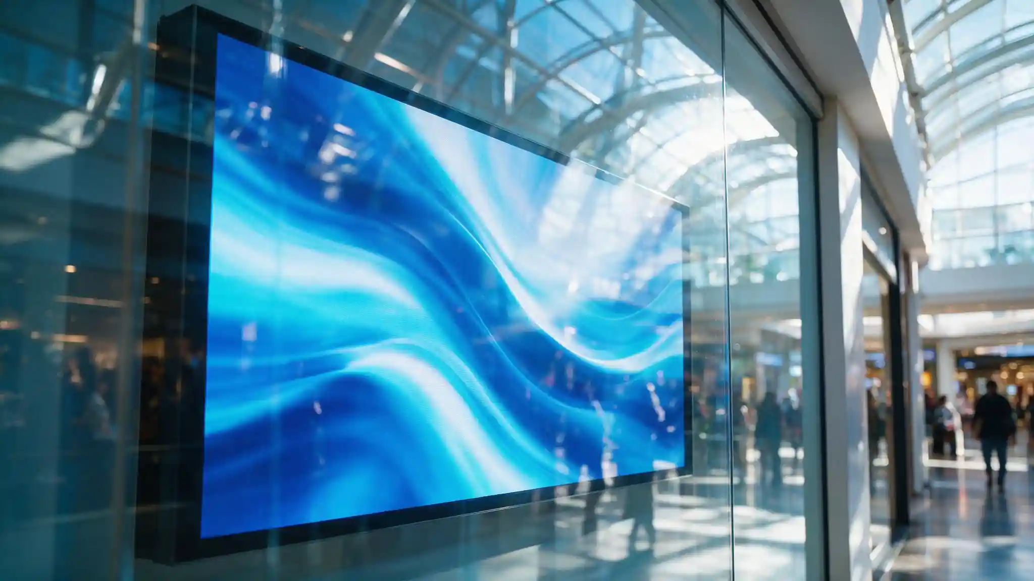 High-brightness digital signage display in a retail storefront readable against strong daylight through glass