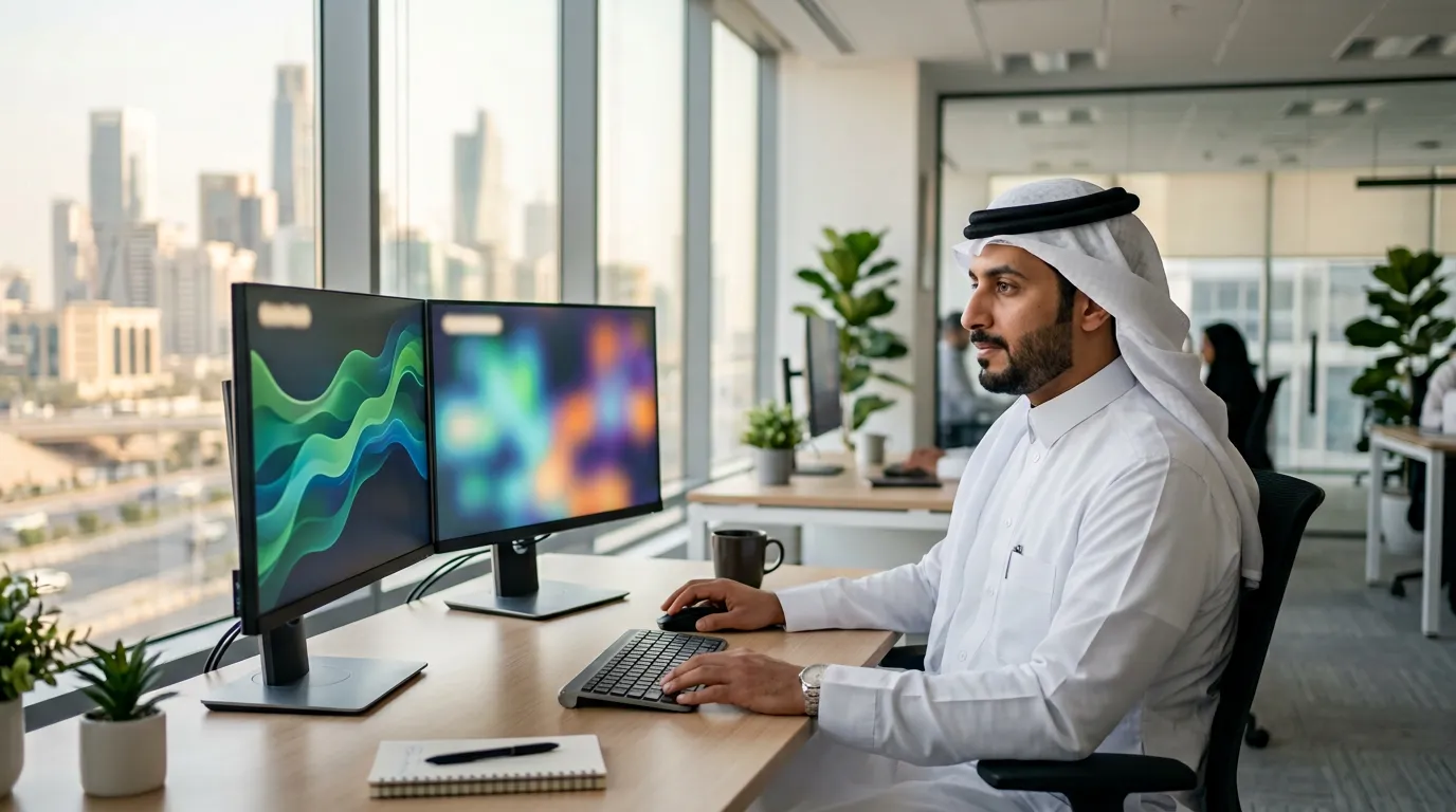 IT manager at a desk in a Saudi office reviewing device health on two monitors