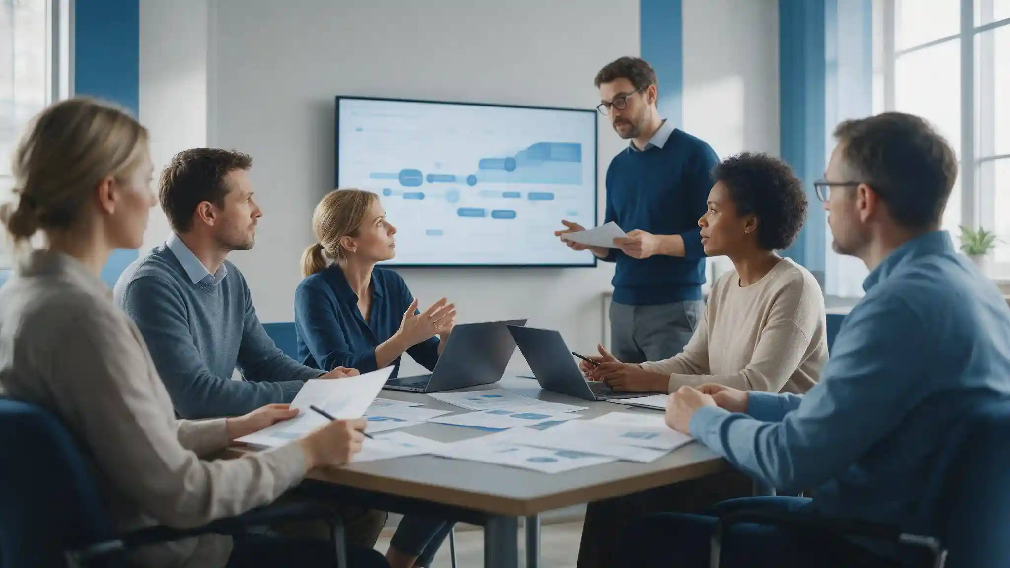 Cross-functional team running a cybersecurity tabletop exercise around a meeting room table with a facilitator