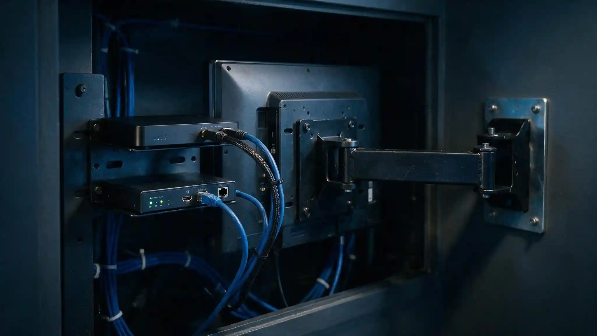 Media player and HDBaseT extender installed behind a wall-mounted commercial display with cabling