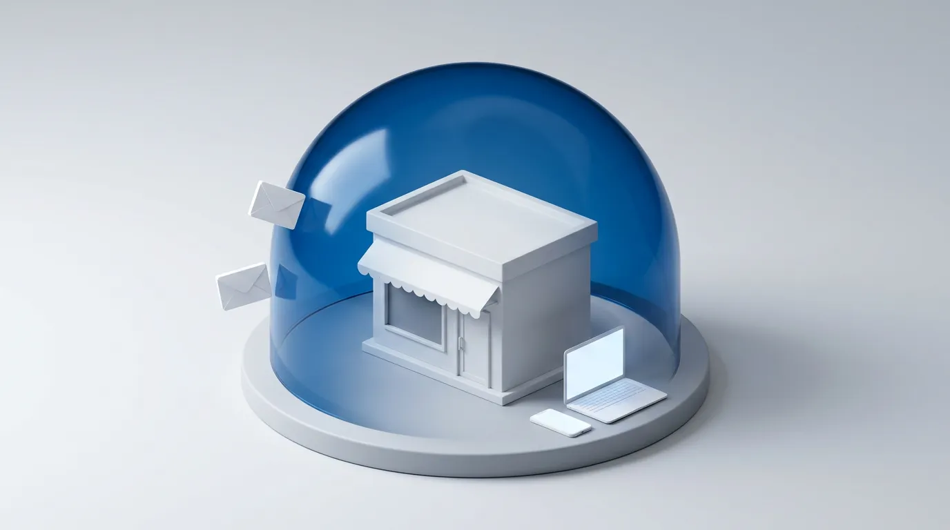 Minimal 3D illustration of a small shopfront protected by a translucent blue shield