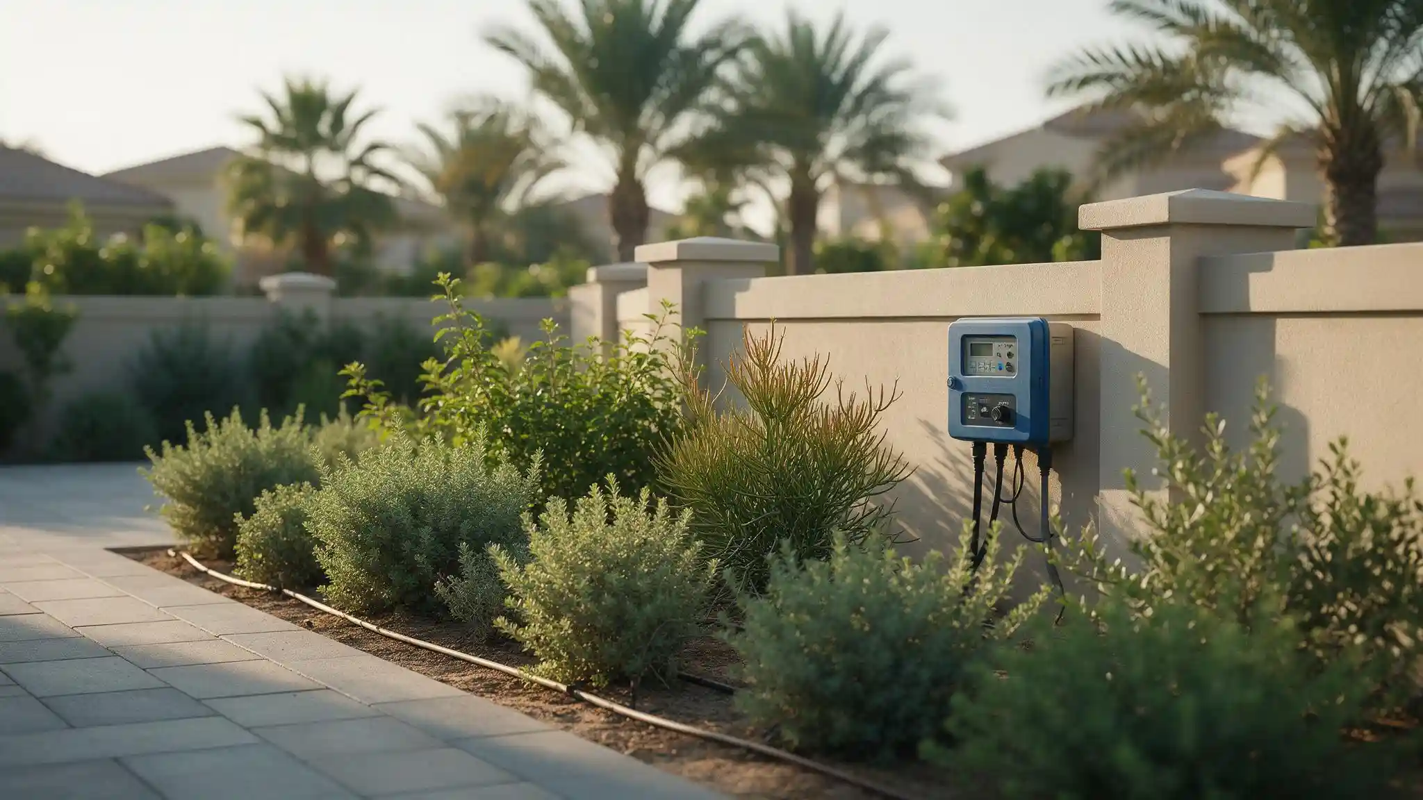 Smart irrigation controller and drip line watering landscaped grounds in a Saudi residential compound