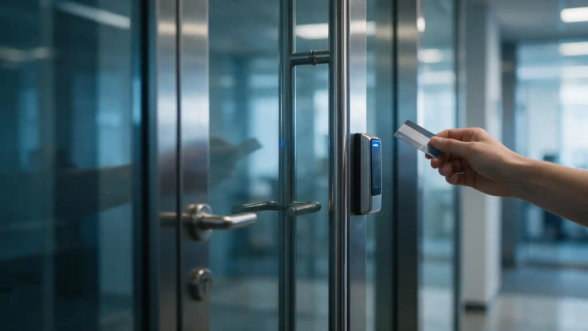 Smart lock and card reader on a commercial office door with access control credential and electronic locking hardware