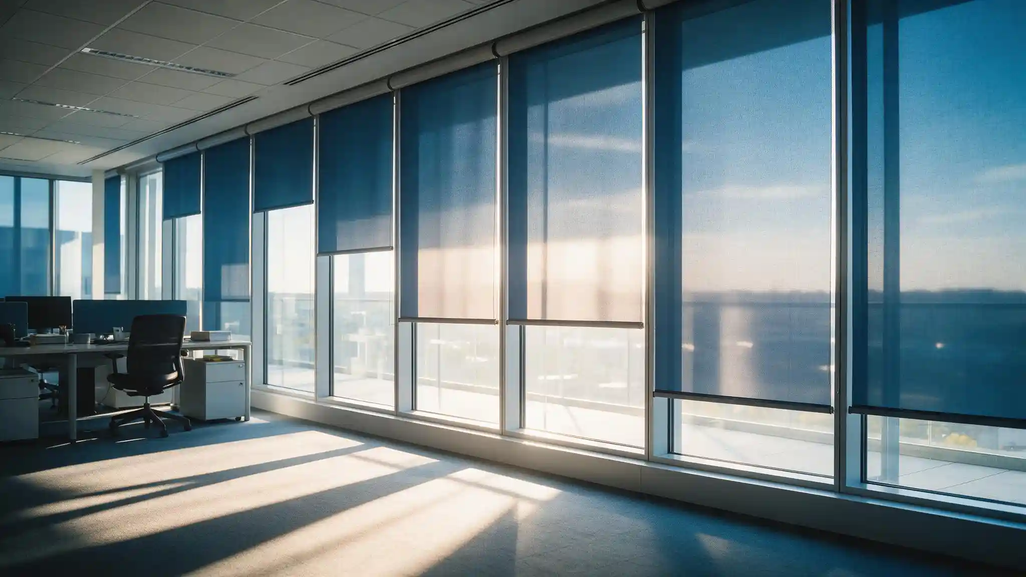 Automated motorised roller blinds controlling sunlight in a modern glass-fronted office in Saudi Arabia