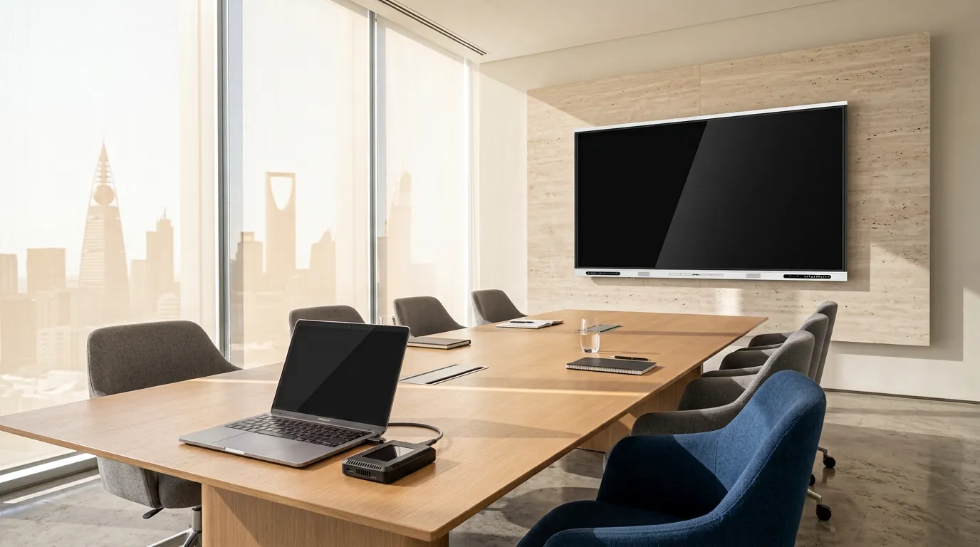 Laptop with a screen sharing dongle on a meeting table in front of an interactive display