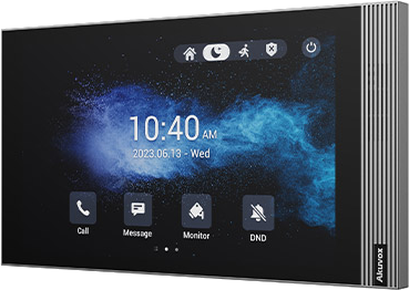 indoor monitor, 8” touch screen, SIP, PoE, PBXes capable, Wi-Fi, Bluetooth, Android OS.