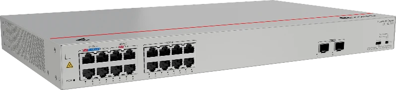 Huawei eKit S110-16LP2SR 16-port PoE+ switch angled view with left side ventilation