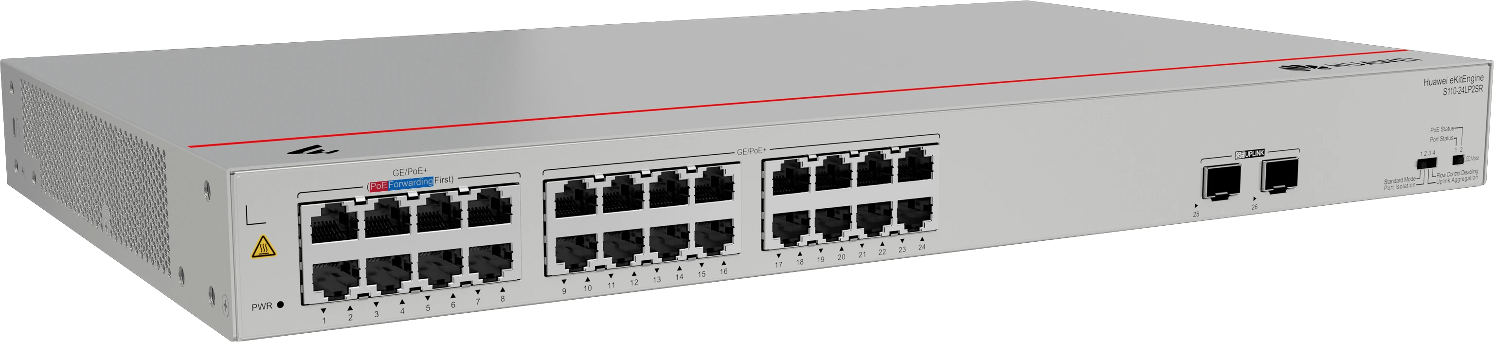 Huawei eKit S110-24LP2SR PoE+ switch angled view with left side ventilation