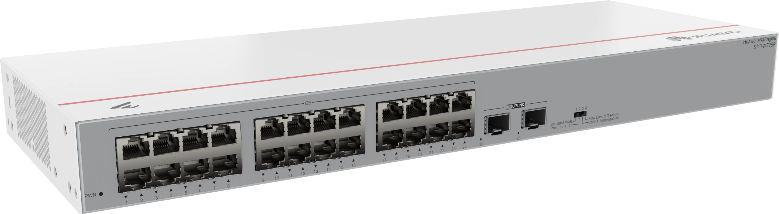 Huawei eKit S110-24T2SR Gigabit switch angled view with left side ventilation