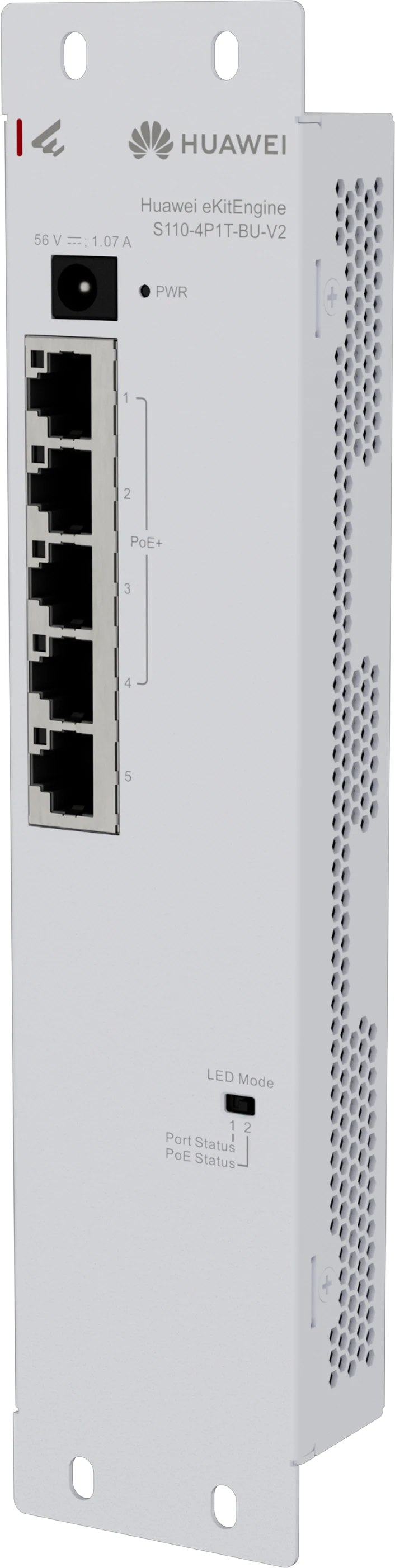 Huawei eKit S110-4P1T-BU-V2 PoE+ network box switch front angled view with right side ventilation
