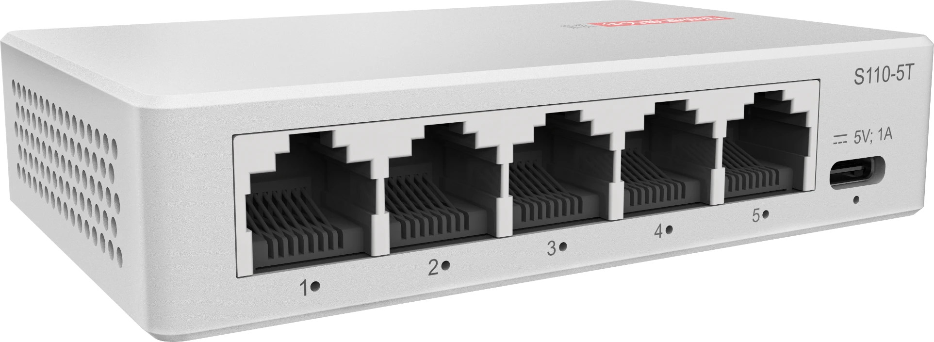 Huawei eKit S110-5T 5-port gigabit switch front angled view with left side ventilation