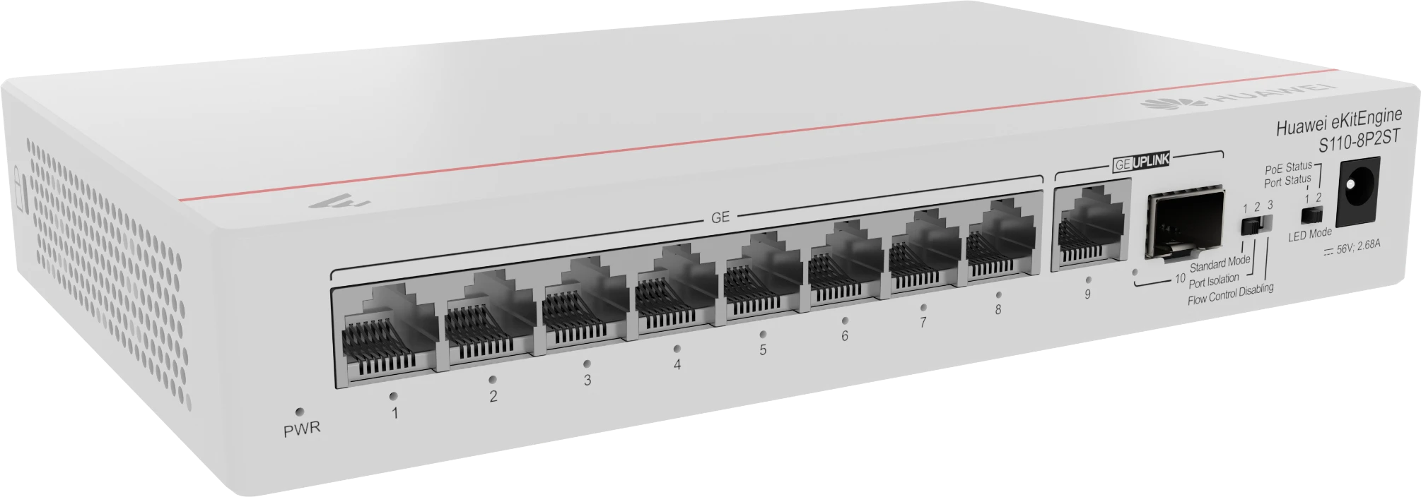 Huawei eKit S110-8P2ST PoE+ desktop switch angled view with left side ventilation
