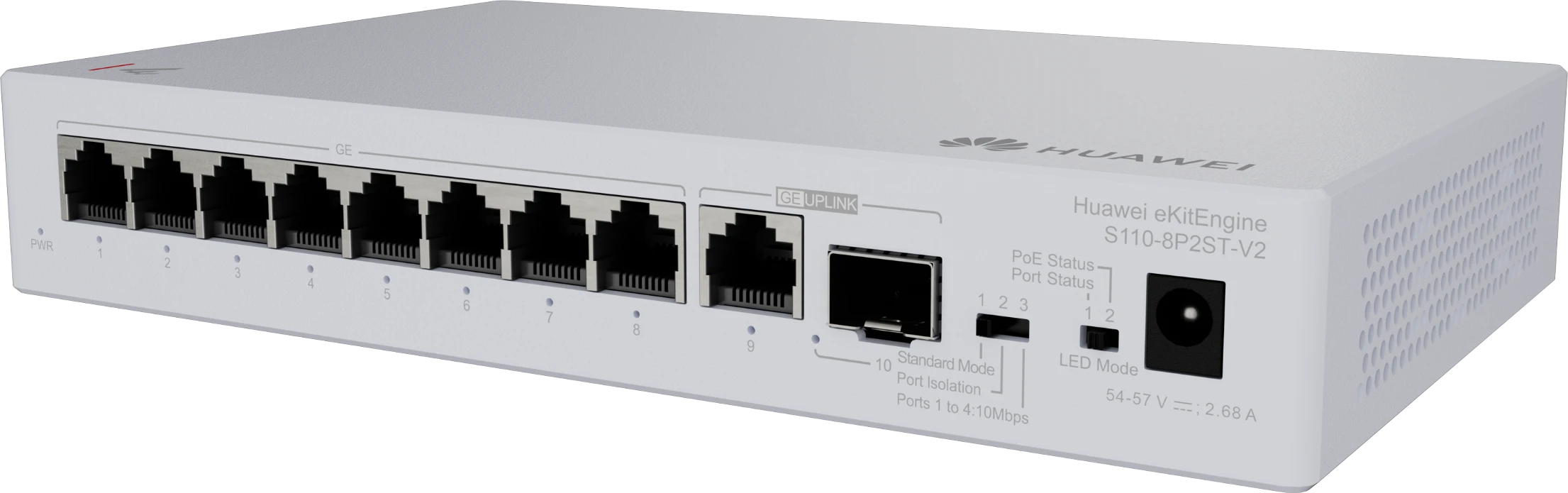 Huawei eKit S110-8P2ST-V2 220V AC PoE switch front angled view with right side ventilation
