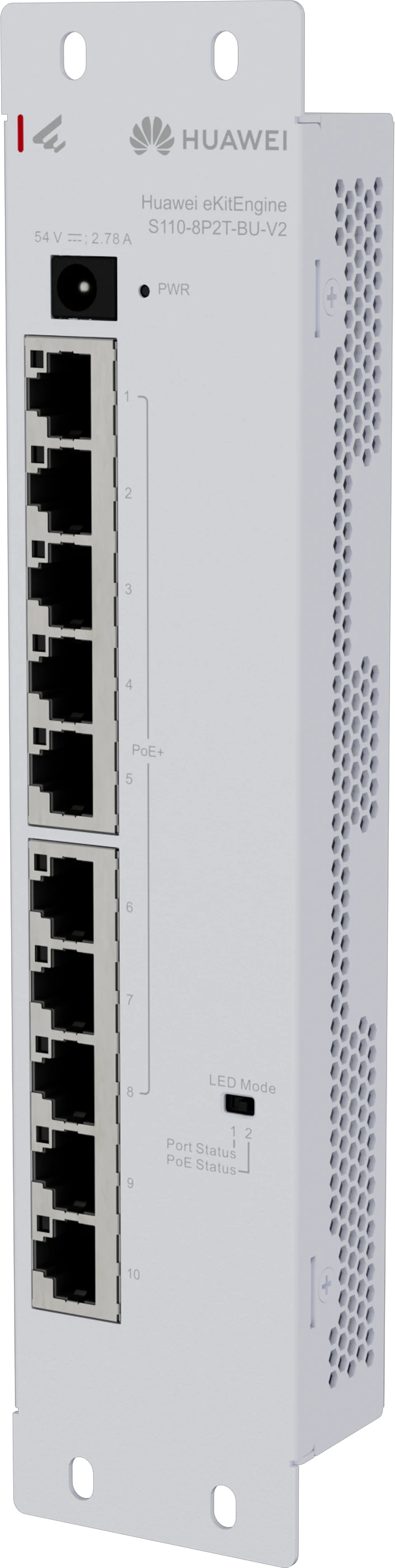 Huawei eKit S110-8P2T-BU-V2 10-port PoE+ network box switch front angled view with right side ventilation