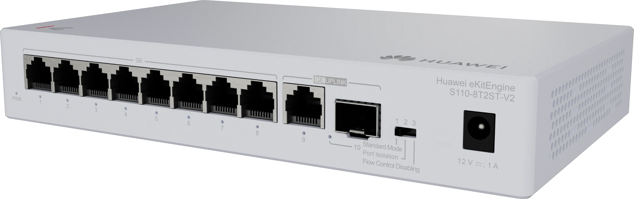 Huawei eKit S110-8T2ST-V2 gigabit switch front angled view with right side ventilation