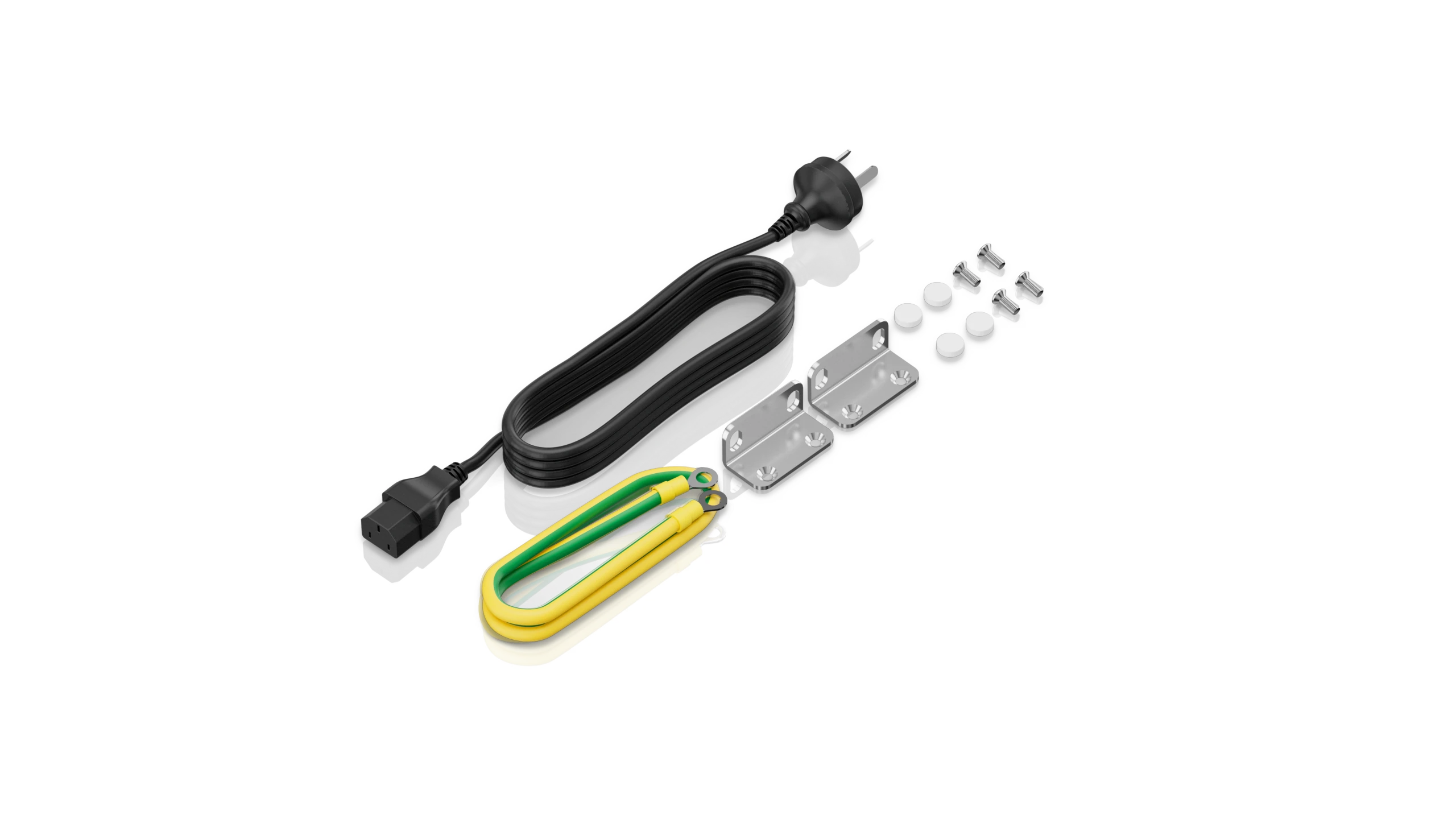 Huawei eKit S110E-24P2J package contents with power cord and rack mounting brackets and grounding cable