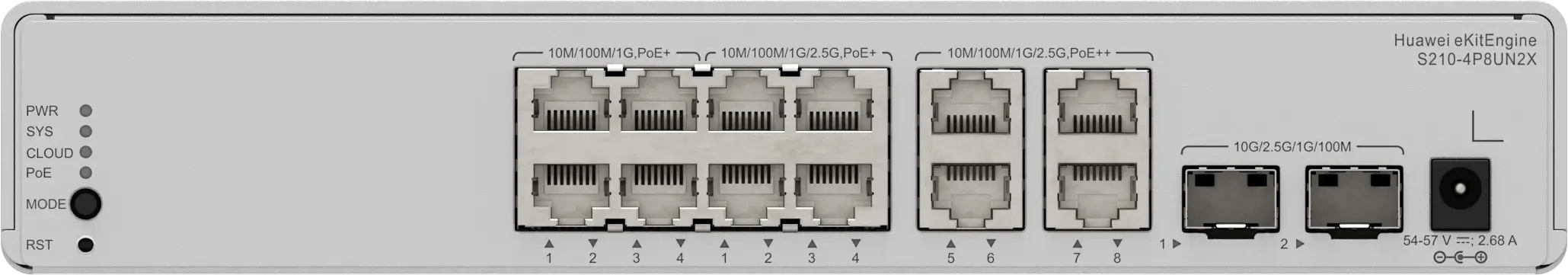 Huawei eKitEngine S210-4P8UN2X front panel with 12 PoE ports and 2 10G SFP+ ports