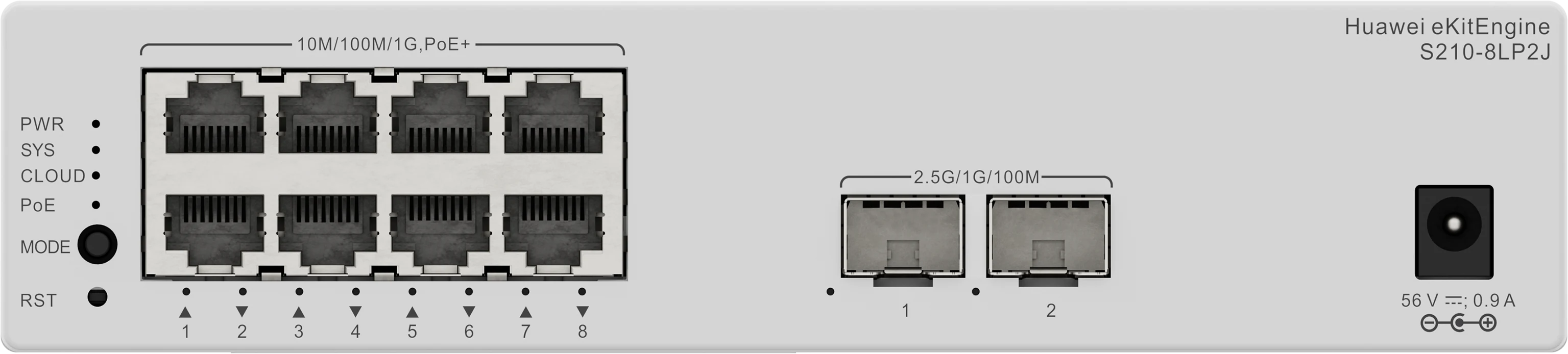 Huawei eKitEngine S210-8LP2J front panel with 8 PoE+ gigabit ports and 2 SFP ports