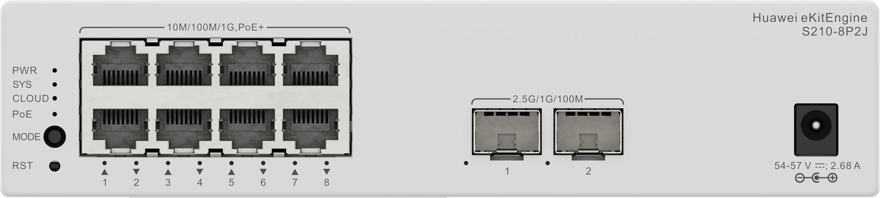 Huawei eKitEngine S210-8P2J front panel with 8 PoE+ gigabit ports and 2 SFP ports