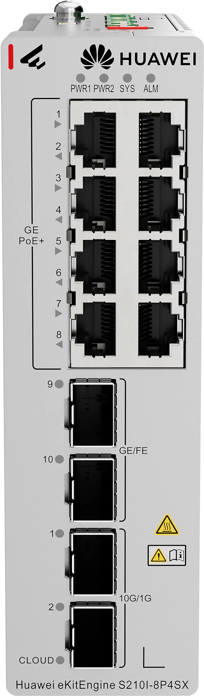 Huawei eKitEngine S210I-8P4SX front panel with 8 GE PoE+ ports and 4 SFP ports