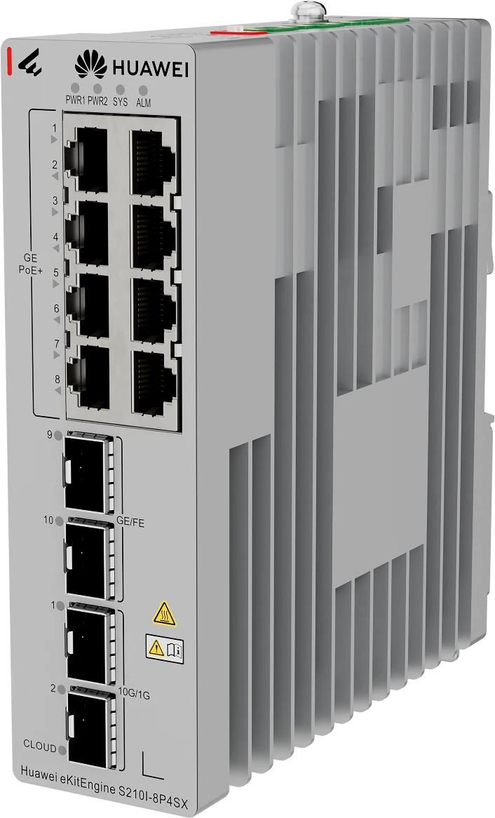 Huawei eKitEngine S210I-8P4SX industrial PoE+ switch front right angle view