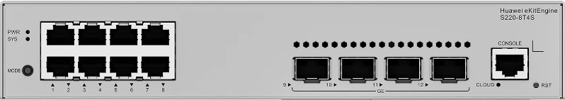 Huawei eKitEngine S220-8T4S front panel with 8 gigabit ports and 4 SFP ports and console port