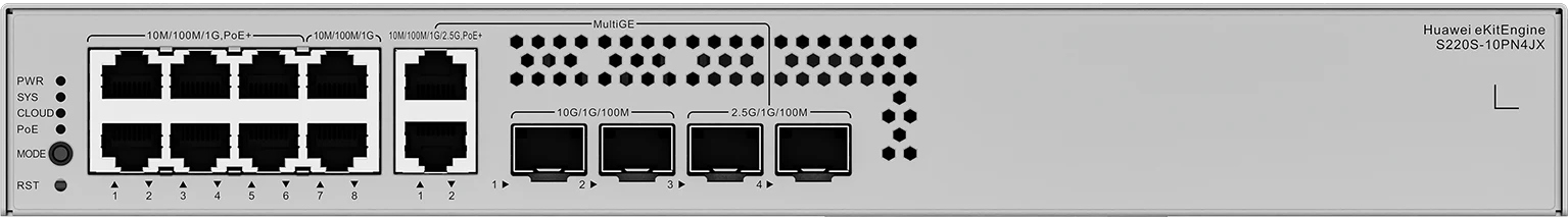 Huawei eKitEngine S220S-10PN4JX front panel with 8 gigabit ports and 2 multi-gigabit PoE+ ports and 4 SFP ports