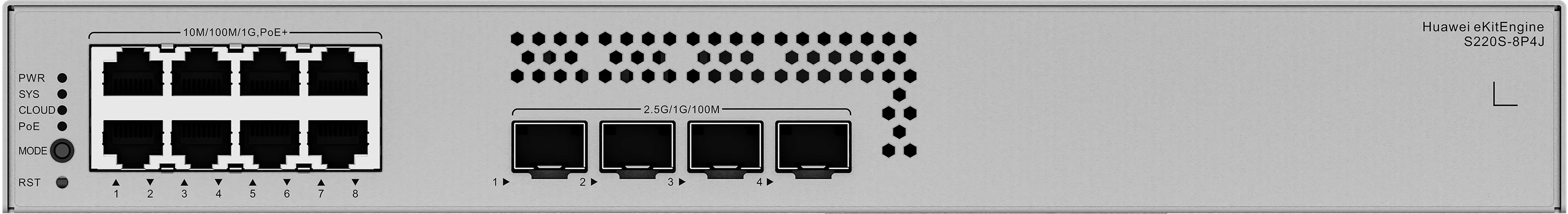 Huawei eKitEngine S220S-8P4J front panel with 8 PoE+ gigabit ports and 4 SFP ports