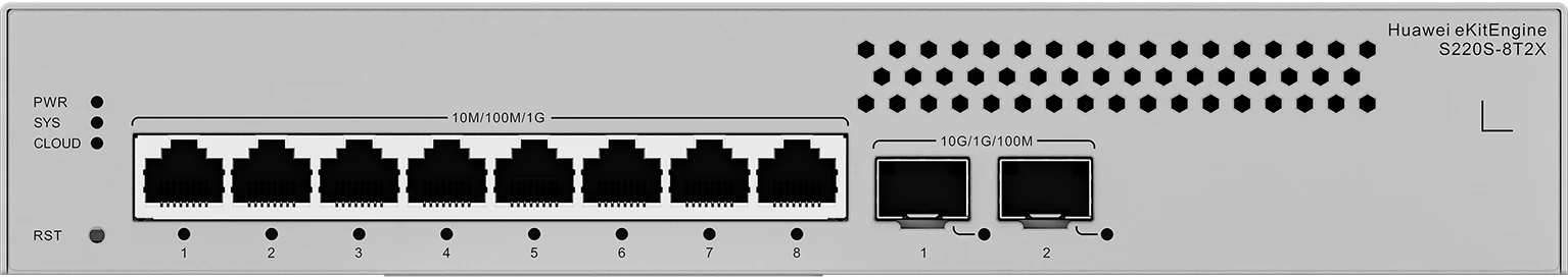 Huawei eKitEngine S220S-8T2X front panel with 8 gigabit ports and 2 10G SFP+ ports