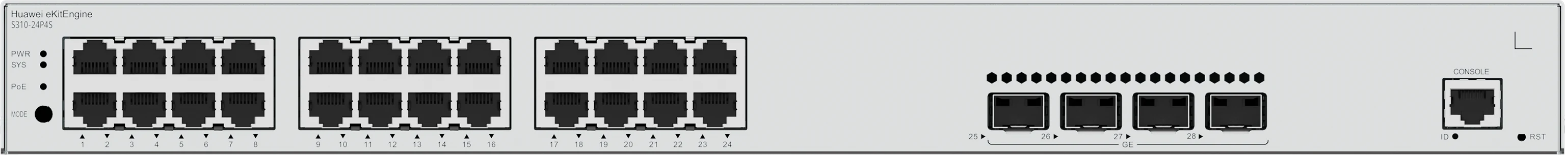 Huawei eKitEngine S310-24P4S front panel with 24 PoE+ gigabit ports and 4 GE SFP ports and console port