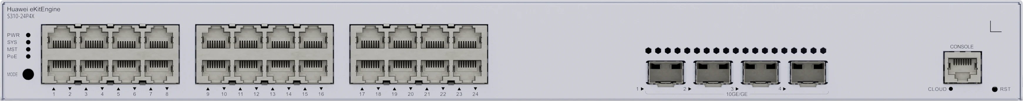 Huawei eKitEngine S310-24P4X front panel with 24 PoE+ gigabit ports and 4 10G SFP+ ports and console port