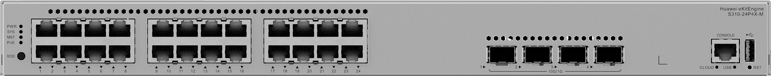 Huawei eKitEngine S310-24P4X-M front panel with 24 PoE+ gigabit ports and 4 10G SFP+ ports and console and USB ports
