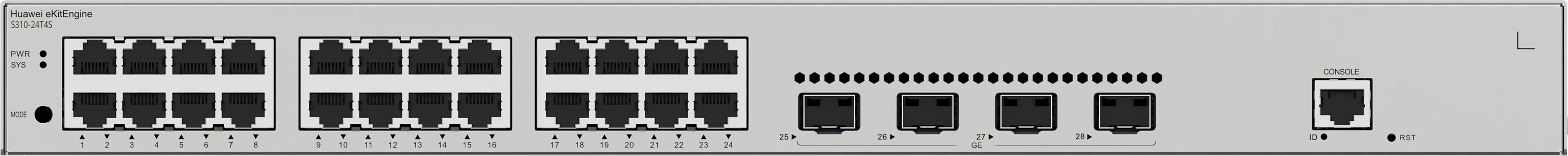 Huawei eKitEngine S310-24T4S front panel with 24 gigabit ports and 4 GE SFP ports and console port