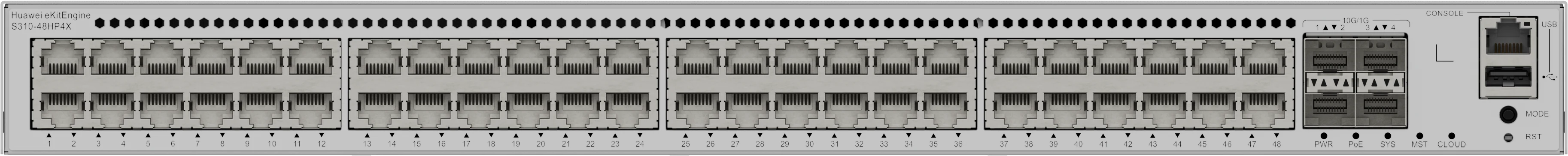 Huawei eKitEngine S310-48HP4X front panel with 48 PoE+ gigabit ports and 4 10G SFP+ ports and console and USB ports
