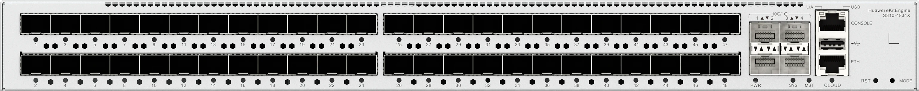 Huawei eKitEngine S310-48J4X front panel with 48 2.5G SFP ports and 4 10G SFP+ ports and console and USB and ETH ports