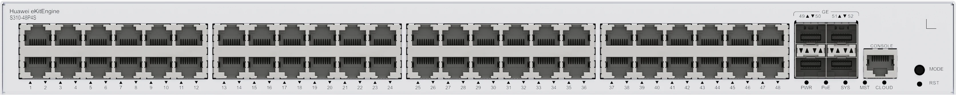 Huawei eKitEngine S310-48P4S front panel with 48 PoE+ gigabit ports and 4 GE SFP ports and console port