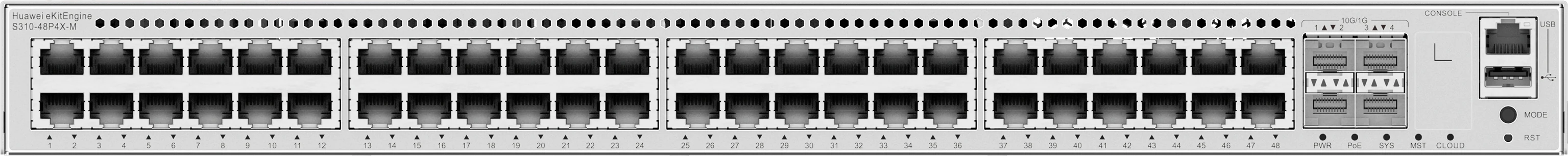 Huawei eKitEngine S310-48P4X-M front panel with 48 PoE+ gigabit ports and 4 10G SFP+ ports and console and USB ports