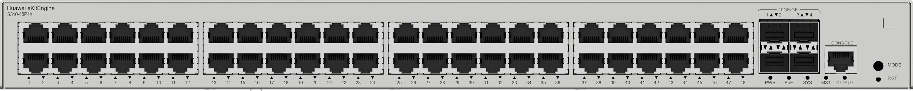 Huawei eKitEngine S310-48PN4X front panel with 48 PoE+ ports and 4 10G SFP+ ports and console port