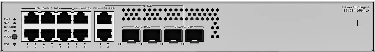 Huawei eKitEngine S310S-10PN4JX front panel with 8 gigabit ports and 2 2.5G PoE+ ports and 2 10G SFP+ ports and 2 2.5G SFP ports