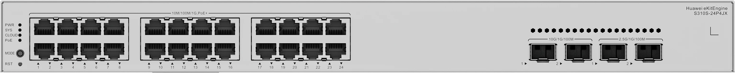 Huawei eKitEngine S310S-24P4JX front panel with 24 PoE+ gigabit ports and 2 10G SFP+ ports and 2 2.5G SFP ports