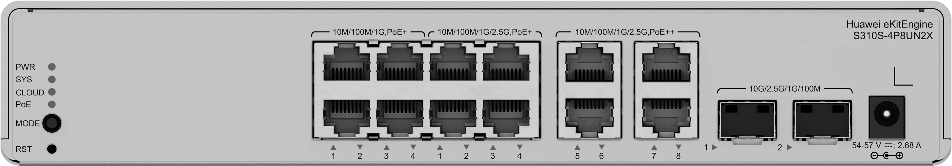 Huawei eKitEngine S310S-4P8UN2X front panel with 4 PoE+ gigabit ports and 4 2.5G PoE+ ports and 4 2.5G PoE++ ports and 2 10G SFP+ ports