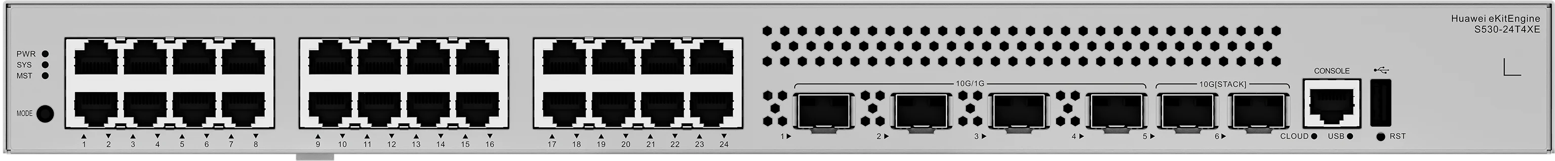 Huawei eKitEngine S530-24T4XE front panel with 24 gigabit ports and 4 10G SFP+ ports and 2 10G stack ports and console and USB ports