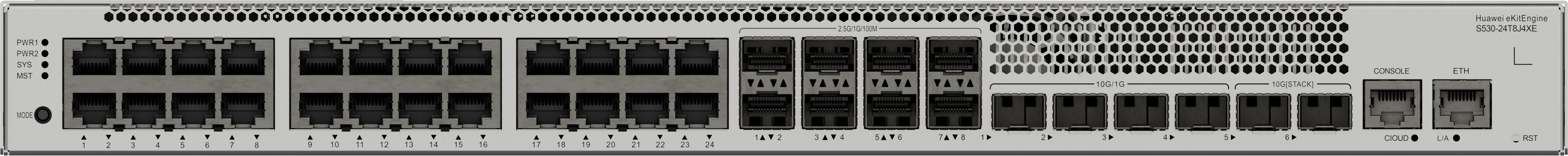 Huawei eKitEngine S530-24T8J4XE front panel with 24 gigabit ports and 8 2.5G SFP ports and 4 10G SFP+ ports and 2 10G stack ports